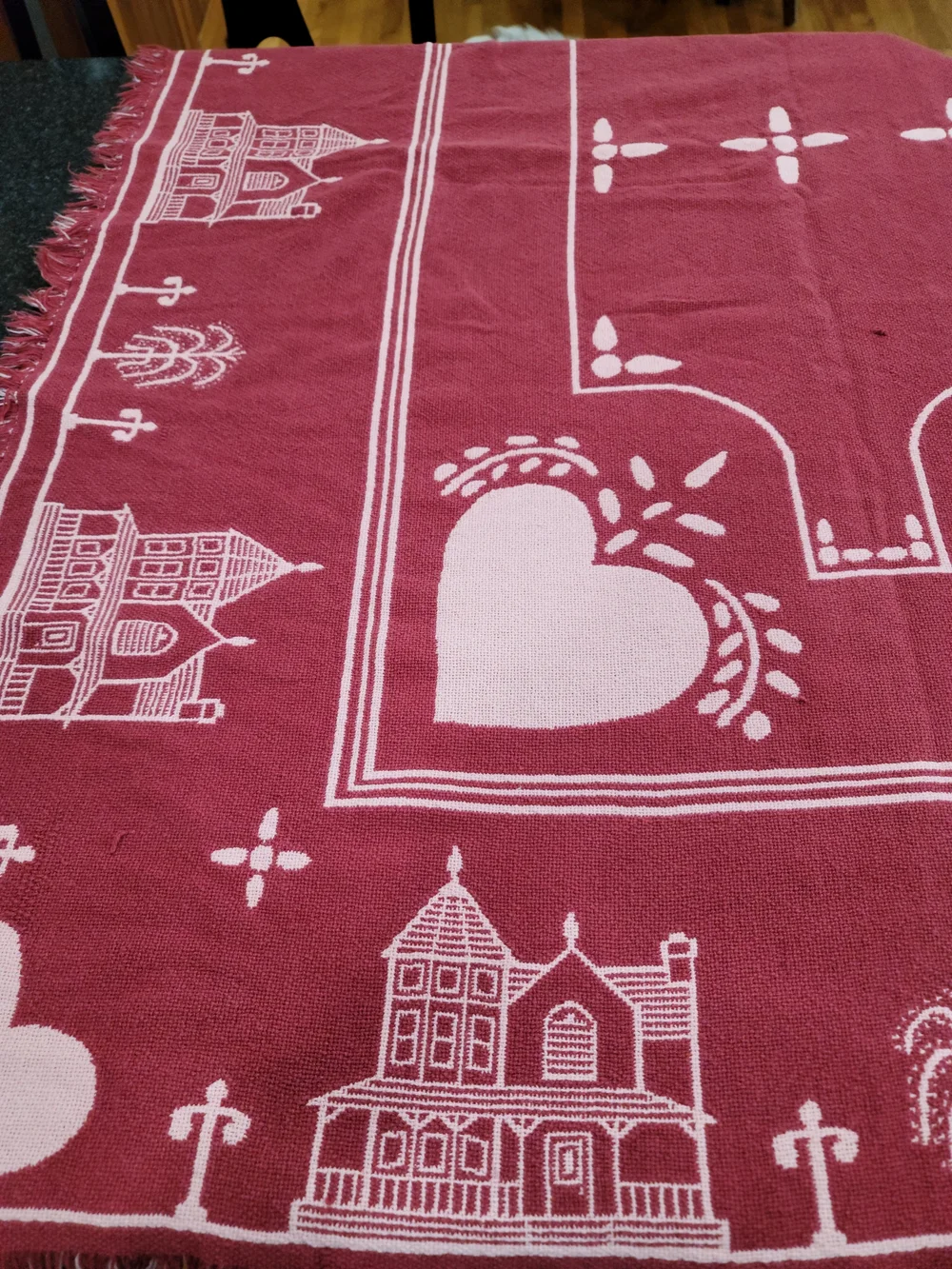 Vintage crimson & cream woven cotton throw blanket cottagecore Houses And Hearts